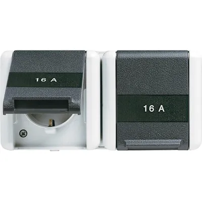 JUNG SCHUKO Steckdose 2-fach 8220KINAW | IP44 Aufputz | beschriftbar | Klappdeckel | erhöhter Berührungsschutz | grau