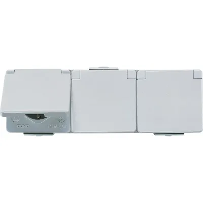 Jung SCHUKO Dreifach-Steckdose 623W WG600 | Aufputz waagerecht | 16A 250V | IP44 | mit Klappdeckel | grau | Duroplast