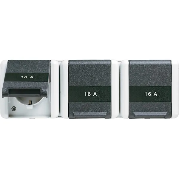 Jung SCHUKO Dreifach-Steckdose 8230NAW | 3-fach Aufputz IP44 | Klappdeckel | Schriftfeld | 16A 250V | grau