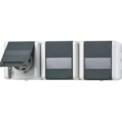 Jung SCHUKO Dreifach-Steckdose 8230NAW | 3-fach Aufputz IP44 | Klappdeckel | Schriftfeld | 16A 250V | grau