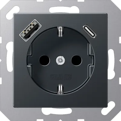 JUNG SCHUKO Steckdose A1520-15CAANM | Unterputz | USB-A & USB-C Ladefunktion | 3A | Berührungsschutz | anthrazit matt