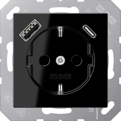 JUNG SCHUKO Steckdose A1520-15CASW | USB Typ A & C Ladefunktion | Unterputz | erhöhtem Berührungsschutz | schwarz