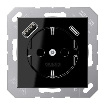 JUNG SCHUKO Steckdose A1520-15CASW | USB Typ A & C Ladefunktion | Unterputz | erhöhtem Berührungsschutz | schwarz