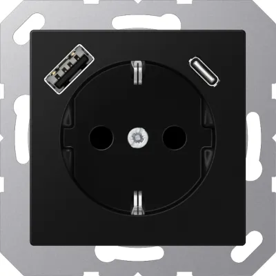 JUNG SCHUKO Steckdose A1520-15CASWM | Unterputz USB Steckdose Typ A & C | 3A Schnell-Ladefunktion | Graphitschwarz Matt