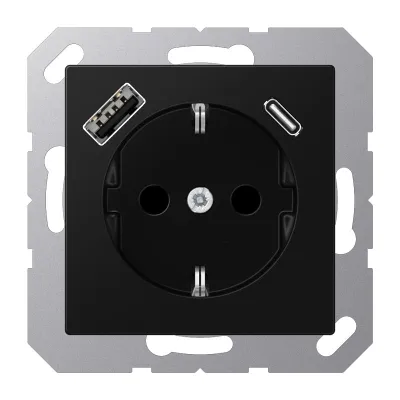 JUNG SCHUKO Steckdose A1520-15CASWM | Unterputz USB Steckdose Typ A & C | 3A Schnell-Ladefunktion | Graphitschwarz Matt
