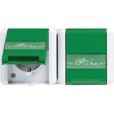 JUNG SCHUKO Doppelsteckdose 8220GNNAWEB | E-Bike Ladesymbol | 2-fach | Klappdeckel | Aufputz | IP44 | grau RAL7035