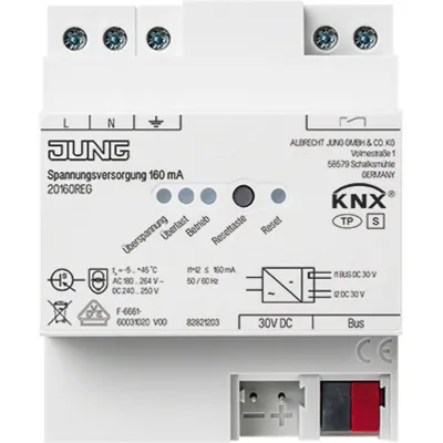 JUNG Spannungsversorgung KNX 20160REG | Hutschiene REG 4TE | 160mA | integrierte Drossel | LED-Anzeige | max. 1 Linie