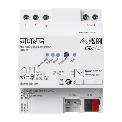 JUNG Spannungsversorgung KNX 20160REG | Hutschiene REG 4TE | 160mA | integrierte Drossel | LED-Anzeige | max. 1 Linie