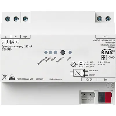 JUNG Spannungsversorgung 21280REG KNX | 1280 mA | 6 TE REG | integrierte Drossel | Busspannung 30 V | für Hutschiene