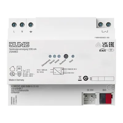 JUNG Spannungsversorgung 21280REG KNX | 1280 mA | 6 TE REG | integrierte Drossel | Busspannung 30 V | für Hutschiene