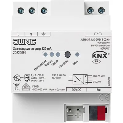JUNG KNX Spannungsversorgung 20320REG | 320mA | REG-Hutschiene | integrierte Drossel | LED-Anzeige
