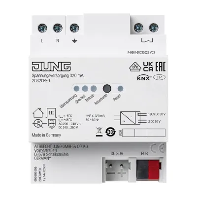 JUNG KNX Spannungsversorgung 20320REG | 320mA | REG-Hutschiene | integrierte Drossel | LED-Anzeige