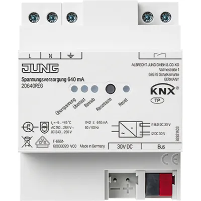 JUNG KNX Spannungsversorgung 20640REG | 640 mA | REG Hutschiene | integrierte Drossel | 30V | LED-Anzeige