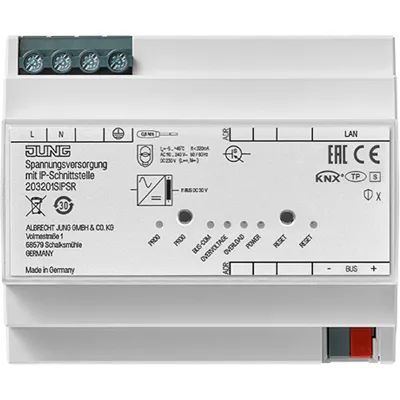 JUNG Spannungsversorgung 20320 1S IPS R | KNX REG 6TE | 320mA | mit IP-Schnittstelle | LED-Anzeige | Hutschiene