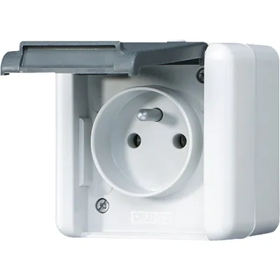 Jung Steckdose 821FKIW | 1-fach | Aufputz | französisch-belgisch | 16A 250V | IP44 | Erdungsstift | grau RAL7035