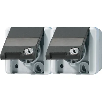 JUNG SCHUKO Steckdose 2-fach 8220NAWSL | abschließbar | Aufputz | IP44 | Klappdeckel | Schriftfeld | Kunststoff grau