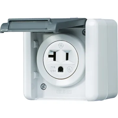 JUNG Steckdose 821-20 USW | NEMA US-Steckdose | 20A 125V | IP44 | Aufputz WG800 | Klappdeckel | cremeweiß