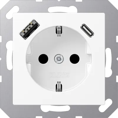 JUNG SCHUKO Steckdose A1520-15CAWWM | USB-A & USB-C | Unterputz | Schnellladefunktion | schneeweiß matt