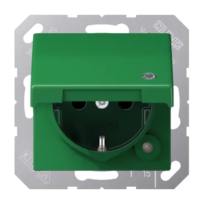 JUNG SCHUKO-Steckdose AS1520BFKLKOGN | Unterputz | Klappdeckel | LED-Anzeige | IP44 | 16A 250V | Grün | Thermoplast