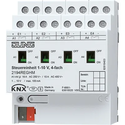 JUNG Steuereinheit 1-10V 4-fach 2194REGHM | KNX Dimmer REG | 4 Ausgänge | 4TE | mechanische Handbedienung | 2500W