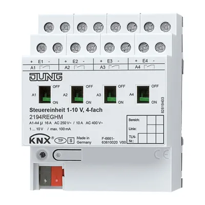 JUNG Steuereinheit 1-10V 4-fach 2194REGHM | KNX Dimmer REG | 4 Ausgänge | 4TE | mechanische Handbedienung | 2500W