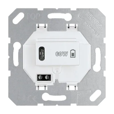 JUNG USB-Ladegerät PD60 C WW | 1x USB-C | Schnellladefunktion bis 60W | Unterputz | Power Delivery | alpinweiß