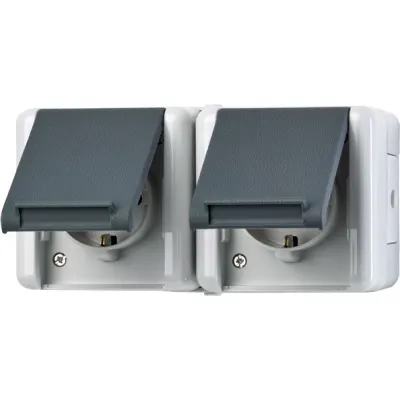 JUNG Steckdose 2-fach 8220 WTS | SCHUKO Aufputz | Trennsteg | Klappdeckel | IP44 | grau glänzend | 16A 250V