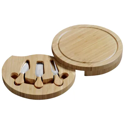Kesper Käsebrett mit Besteck 58642 | Käse-Schneidebrett rund | Bambus & Edelstahl | 23x23x3,6 cm | Braun