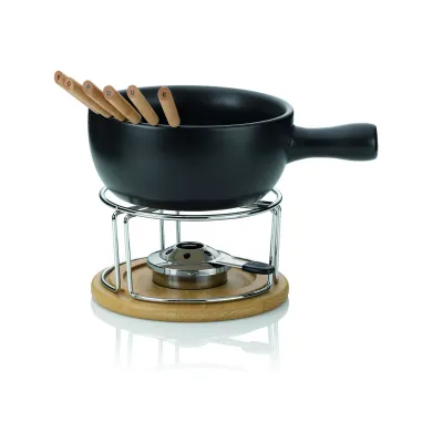 kela Käsefondue-Set NATURA 61306 | Fondue Set für 6 Personen | 10-teilig | Keramik | Buchenholz | Edelstahl | schwarz