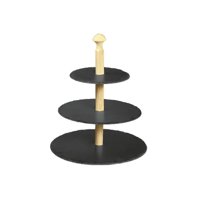 Kesper Etagere 38119 | 3-stöckig rund | Schieferplatten & Bambusgestell | Servierplatte | 31x31 cm | Schwarz