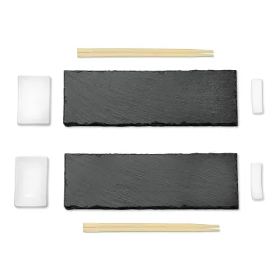 Kesper Sushi Set 38142 | 8-teilig für 2 Personen | Schieferplatten 30x10 cm | Bambus & Keramik | Schwarz | sushiset