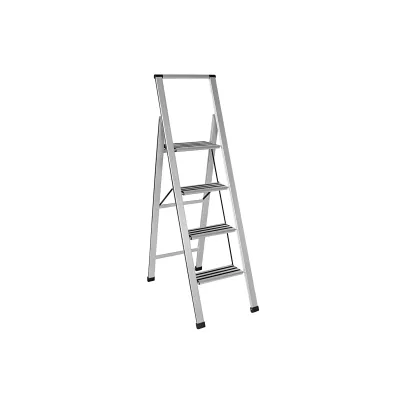 WENKO Klappleiter 4-stufig Aluminium | Trittleiter mit XXL-Stufen rutschfest | 153 cm | 150 kg | Silber Matt