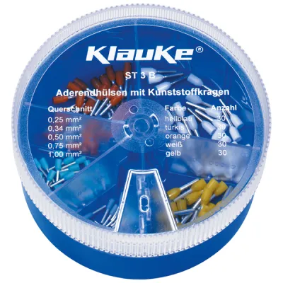 KLAUKE Streudose ST3B | Sortiment Aderendhülsen 0,25–1 mm² isoliert | 150 Stück | Kunststoff blau | transparent