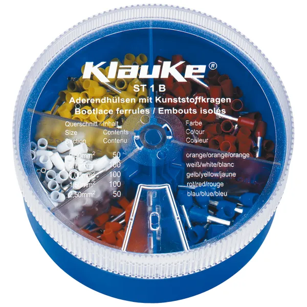 Klauke Sortimentskasten ST1B | isolierte Aderendhülsen 0,5–2,5 mm² | 400-teilig | Kupfer | Blau | stapelbar