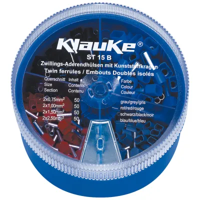 Klauke Streudose ST15B Sortimentskasten isolierte Zwillings-Aderendhülsen 2x0,75–2x2,5 mm² | 200 St. | blau