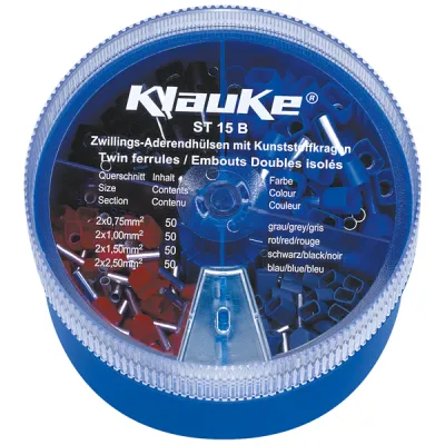 Klauke Streudose ST15B Sortimentskasten isolierte Zwillings-Aderendhülsen 2x0,75–2x2,5 mm² | 200 St. | blau