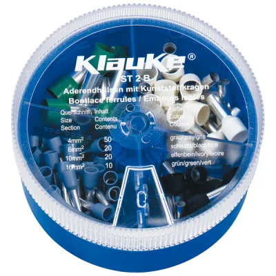 Klauke Streudose ST2B | Sortimentskasten isolierte Aderendhülsen 4-16 mm² | 100 Stück | DIN 46228 Teil 4 | stapelbar