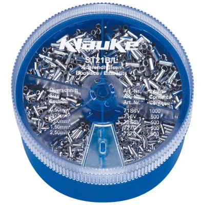 Klauke Streudose ST21B | Sortimentskasten nicht-isolierte Aderendhülsen 0,5–2,5 mm² | 3000 Stück | Kunststoff blau