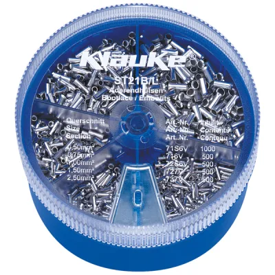 Klauke Streudose ST21B | Sortimentskasten nicht-isolierte Aderendhülsen 0,5–2,5 mm² | 3000 Stück | Kunststoff blau