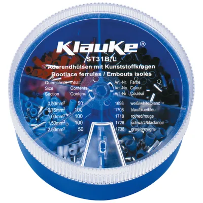 Klauke Streudose Aderendhülsen-Sortiment ST31B | 0,5–2,5mm² | isoliert | Kunststoff | stapelbar | transparent | blau