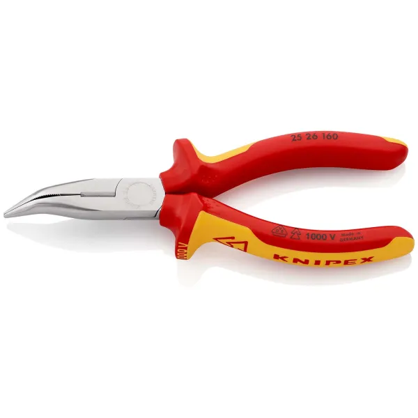 KNIPEX Flachrundzange 25 26 160 | VDE geprüft | 160 mm | gebogen | Schneide | isoliert | 2-Komponenten-Griff | verchromt