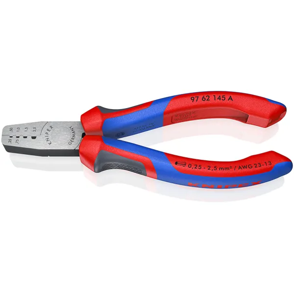 KNIPEX Crimpzange 97 62 145 A | für Aderendhülsen 0,25-2,5 mm² | Trapezpressung | 145 mm | auswechselbare Einsätze
