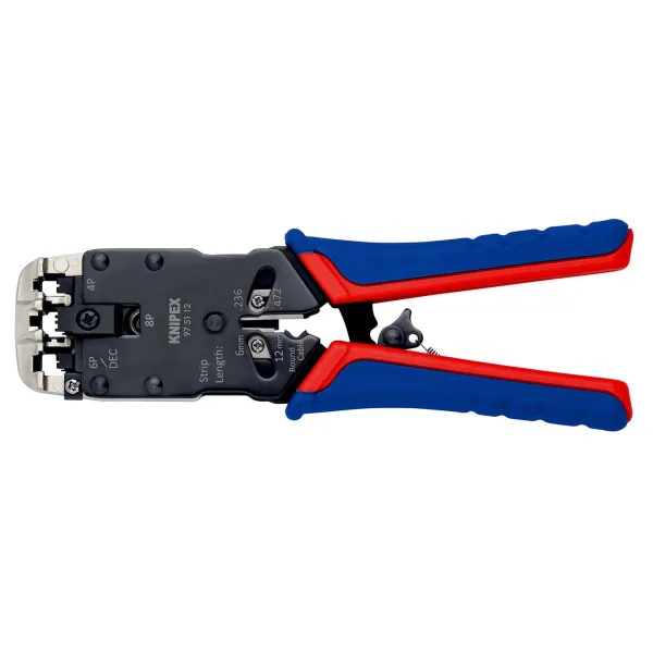 KNIPEX Crimpzange 97 51 12 | RJ10/RJ11/RJ12/RJ45 | 4/6/8-polig | 200mm | Parallelcrimp | Mehrkomponenten-Griff