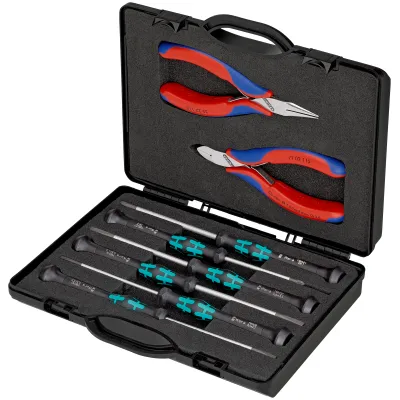 KNIPEX Elektronikzangen-Set 00 20 18 | Zangenset 8-teilig | 2 Zangen, 6 Schraubendreher | Aufbewahrungsbox | 215 mm