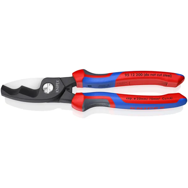 KNIPEX Kabelschere 95 12 200 | Für Kupfer- & Aluminiumkabel bis 20 mm | Einhandbedienung | 200 mm | Rot/Blau