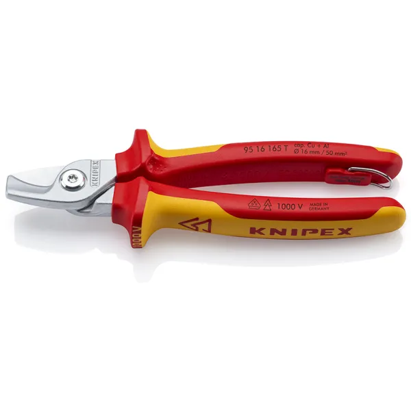 KNIPEX Kabelschere 95 16 165 T | für Kupfer- & Alukabel bis 15 mm Ø | Einhandbedienung | VDE 1000V isoliert