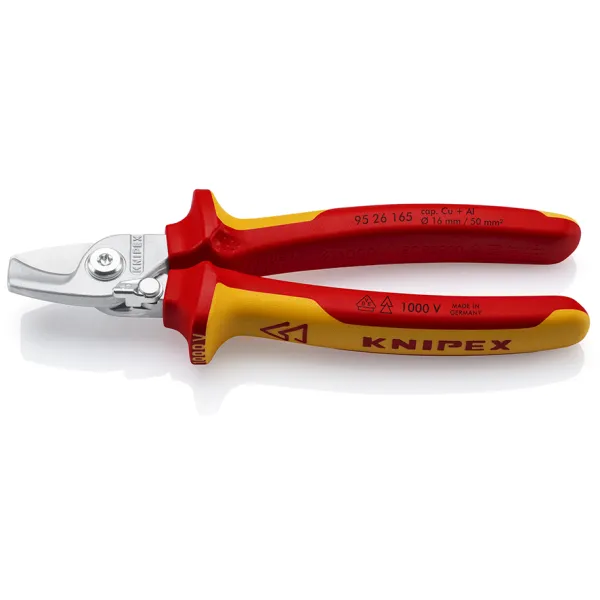 KNIPEX Kabelschere 95 26 165 | VDE 1000V isoliert | 165mm Länge | für Cu/Al Kabel bis 15mm Ø 50mm² | Einhandbedienung