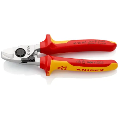 KNIPEX Kabelschere 95 26 165 | VDE 1000V isoliert | 165mm Länge | für Cu/Al Kabel bis 15mm Ø 50mm² | Einhandbedienung