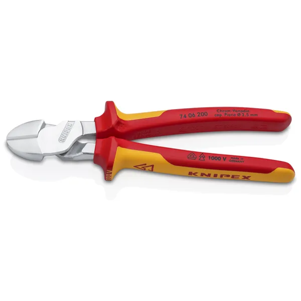 KNIPEX Kraft-Seitenschneider 74 06 200 VDE 1000V | 200mm | verchromt | für Pianodraht | rot/gelb