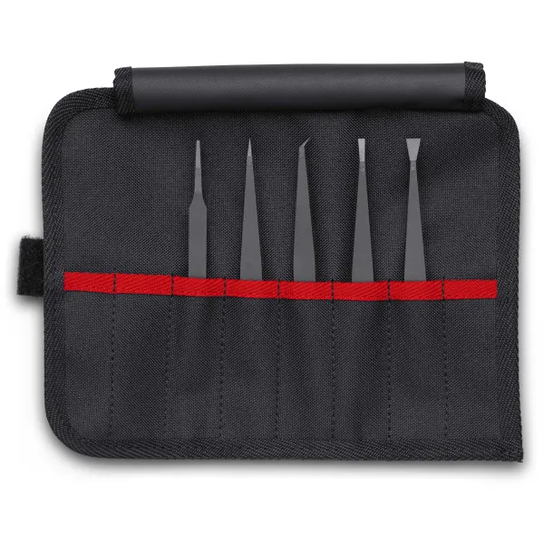 KNIPEX Kunststoffpinzetten-Set 92 00 05 ESD | 5-teilig | ESD-sicher | Präzisionspinzetten | Rolltasche | antistatisch